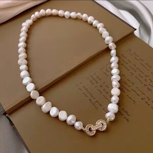8mm Natural Akoya Baroque Pearl Necklace 14K Gold Filled Baguette CZ Clasp